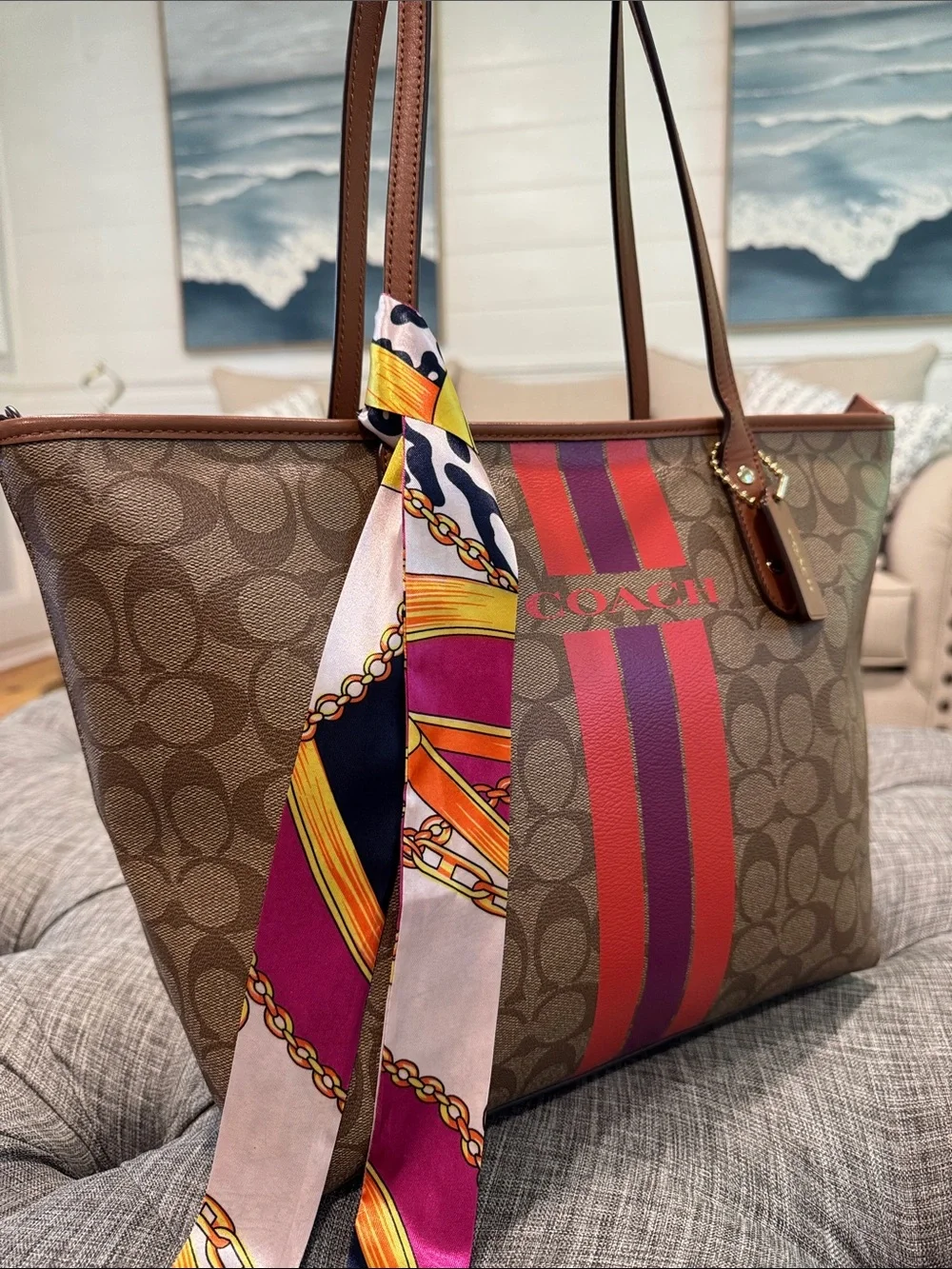 Coach Bag Signature Varsity City Zip Brown Tote with Logo Signature Stripe
